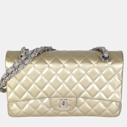 Chanel Gold Striated Quilted Patent Medium Classic Double Flap Bag 1164393