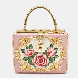 Dolce & Gabbana Pink/Gold Roses Baroque Acrylic Dolce Box Top Handle Bag 1097021