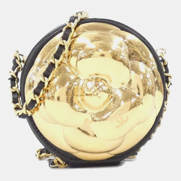 Chanel Camellia Round Black Leather and Gold Metal Clutch Bag 1167969