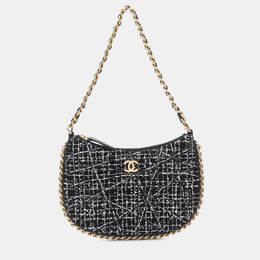 Chanel Trendy Chain Around Tweed Sequin Quilted Black White Hobo Bag 1167641