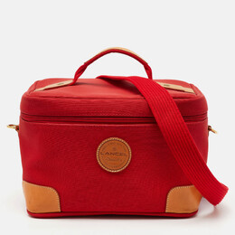 Lancel Red/Tan Canvas and Leather Trim Vanity Travel Bag 1166990