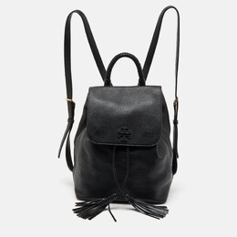 Tory Burch Black Leather Logo Flap Braided Tassel Backpack 1166933