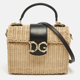 Dolce & Gabbana Black/Beige Woven Rattan and Leather DG Flap Top Handle Bag 1169920