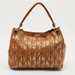 CH Carolina Herrera Brown/Gold Monogram Leather Hobo 1169085