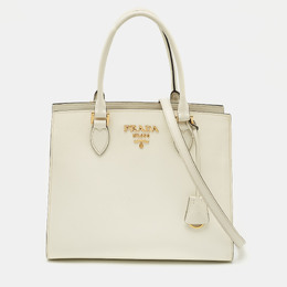 Prada White Saffiano Cuir Leather Snap Tote 1168668