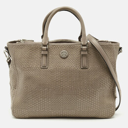 Tory Burch Grey Woven Patent and Leather Robinson Double Zip Tote 1170262