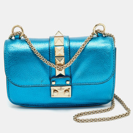 Valentino Metallic Blue Leather Small Rockstud Glam Lock Flap Bag 1165802