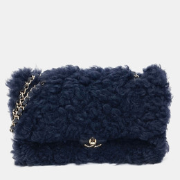 Chanel Navy Blue Fur shearling chain shoulder bag 1170645