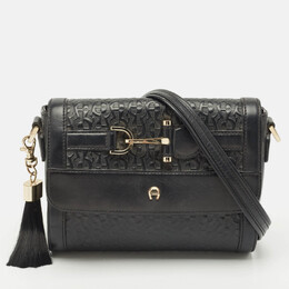 Aigner Black Leather Logo Embossed Flap Crossbody Bag 1170307
