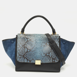Celine Blue/Black Python, Leather and Suede Medium Trapeze Top Handle Bag 1170620