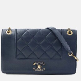 Chanel Shoulder Bag Leather Metal Navy Gold 1172744