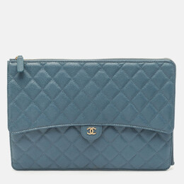 Chanel Blue Quilted Caviar Leather Classic CC Flap Zip Pouch Clutch 1174040