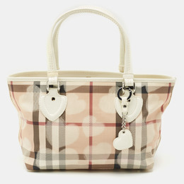 Burberry White/Beige House Check PVC and Patent Leather Open Heart Tote 1173754