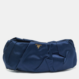 Prada Navy Blue Satin Pleated Raso Clutch 1174982