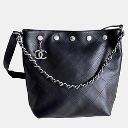 Chanel Hobo Studded Small Black Silver Lambskin Bucket Bag 1174921