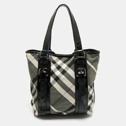 Burberry Black Beat Check Nylon And Patent Leather Small Lowry Tote 1175896