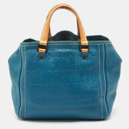 CH Carolina Herrera Blue/Beige Monogram Embossed Leather Andy Tote 1177283