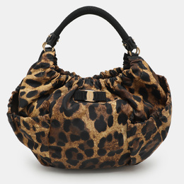 Salvatore Ferragamo Brown Leopard Print Nylon Vara Bow Hobo 1175739