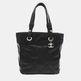 Chanel Paris Biarritz PM Black Canvas Leather Tote Bag 1176493