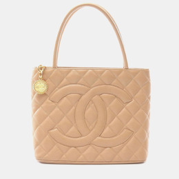 Chanel Medallion Tote Hand Bag Leather Grained Calfskin Beige Ghw Cc 1176480