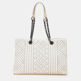 Bottega Veneta Double Chain Tote Medium White Intrecciato Stitched Leather Bag 1177800
