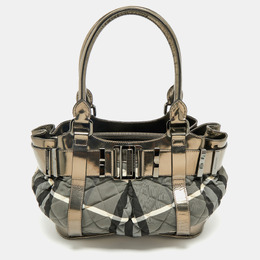 Burberry Black/Grey Beat Check Nylon and Patent Leather Small Healy Tote 1177742