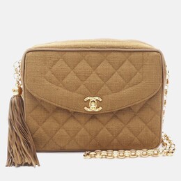 Chanel Matelasse Tassel Chain Shoulder Bag Fabric Linen Khaki Ghw Cc 1176416