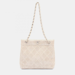 Chanel Matelasse Chain Shoulder Bag Linen Canvas Beige Shw 1176382