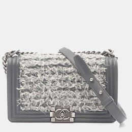 Chanel Boy Gray Fabric Leather Chain Shoulder Bag 1176442