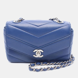 Chanel Chevron Blue Leather Chain Shoulder Bag 1176438