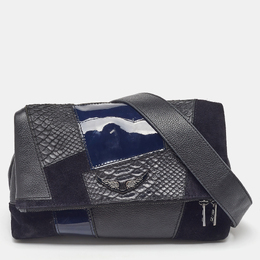 Zadig & Voltaire Black/Navy Blue Leather and Suede Patchwork Flap Shoulder Bag 1174800