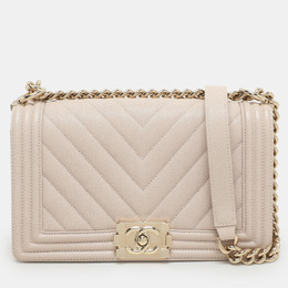 Chanel Beige Chevron Quilted Soft Caviar Leather Medium Boy Flap Bag 1178570