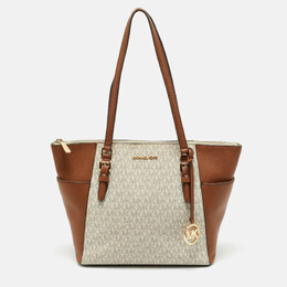 Michael Kors Brown/White Signature Coated Canvas and Leather Charlotte Top Zip Tote 1173319