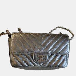 Chanel Chevron Classic Flap Mini Silver Leather Shoulder Bag 1174925