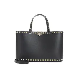 Valentino Garavani-Black Grained Leather Rockstud Small Tote-Donna 52216386158932