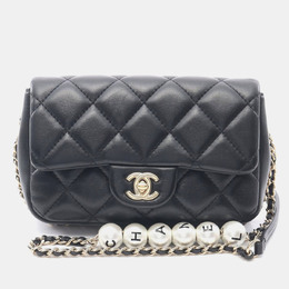Chanel Matelasse Pearl Chain Around Black Lambskin Shoulder Bag 1181323