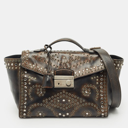 Prada Dark Brown Leather Embellished Sound Twin Pocket Top Handle Bag 1180855