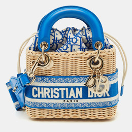 Christian Dior Blue/Cream Rattan and Fabric Mini Wicker Lady Christian Dior Tote 1180968
