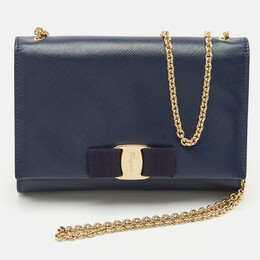 Salvatore Ferragamo Navy Blue Leather Vara Bow Chain Clutch 1180925