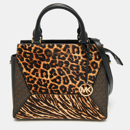 Michael Kors Black/Brown Leopard Print Calf Hair and Leather Large Prism Satchel 1178650