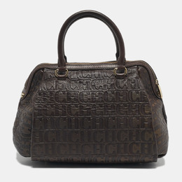 CH Carolina Herrera Dark Brown Monogram Embossed Leather Frame Satchel 1182178