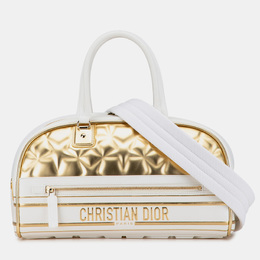 Christian Dior Gold/White Medium Padded Etoile Leather Vibe Zip Bowling Bag 1183403