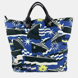 Chanel Cruise Collection Blue Black White Canvas Leather Shoulder Bag 1182829