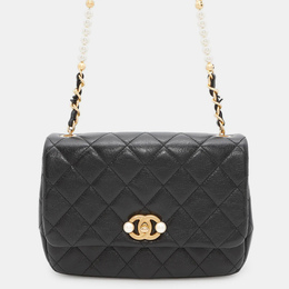 Chanel Matelasse Pearl Chain Black Shiny Calf Leather Shoulder Bag 1183010