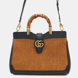 Gucci Double GG Bamboo Top Handle Navy Straw Leather Japan Edition Bag 1183056