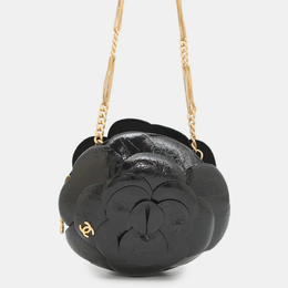 Chanel Camellia Evening Black Shiny Aged Calf Leather Chain Shoulder Bag 1183065