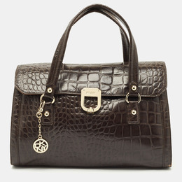 DKNY Dark Brown Croc Embossed Leather Satchel 1182186