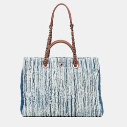 Chanel Blue Large Fringed Denim Shopping Tote 1184052