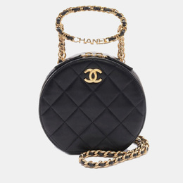 Chanel Black Quilted Lambskin Oval Logo Chain Top Handle Round Clutch on Chain 1183980