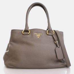 Prada Shopper Large Grey Brown Vitello Diano Leather Tote Bag 1184619